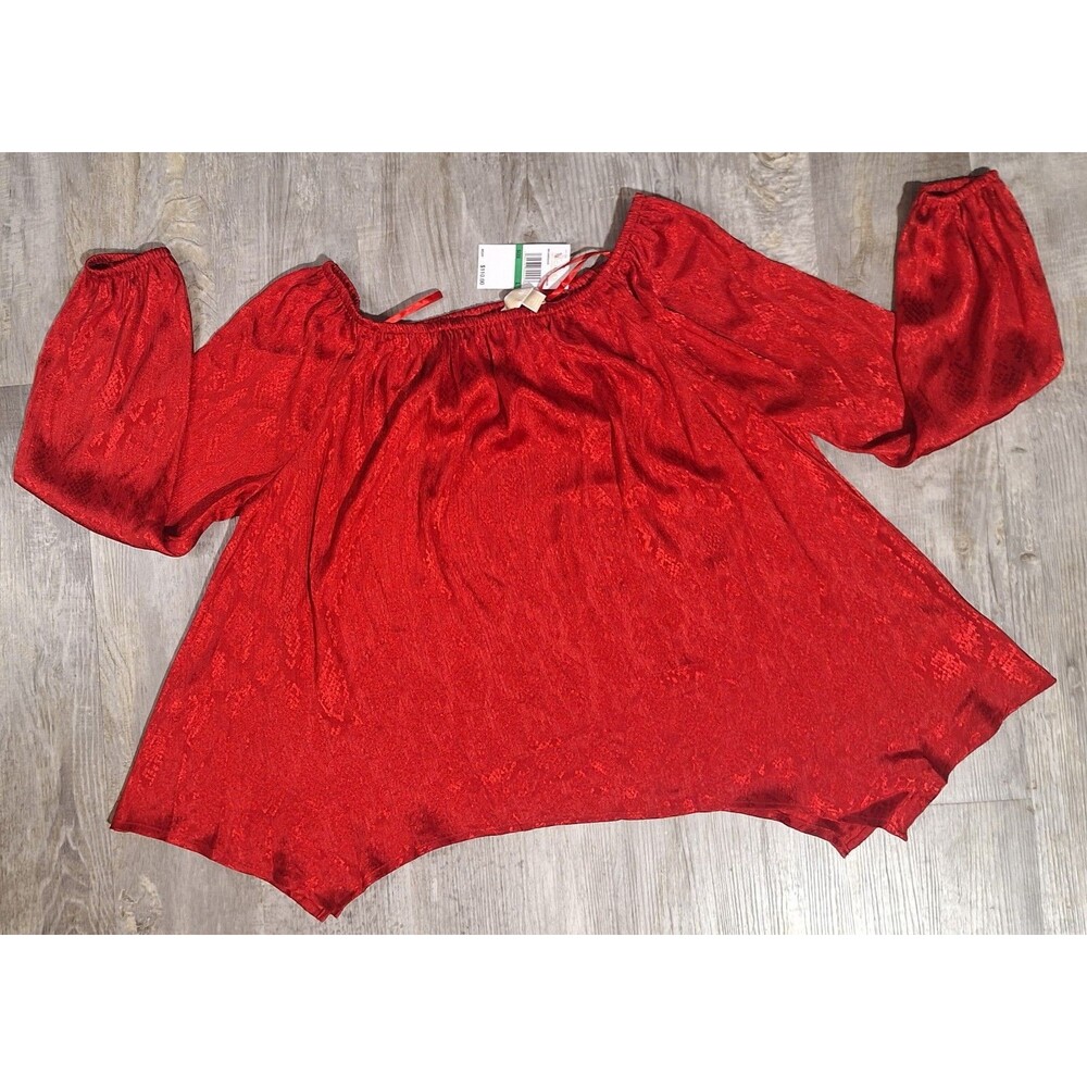 Michael Kors Women L Crimson Red Off The Shoulder Blouse Long Sleeve NWT Sheer